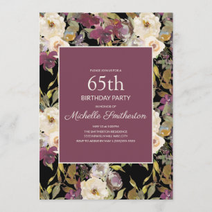 Burgundy Ivory Floral Foliage Black 65th Birthday Invitation