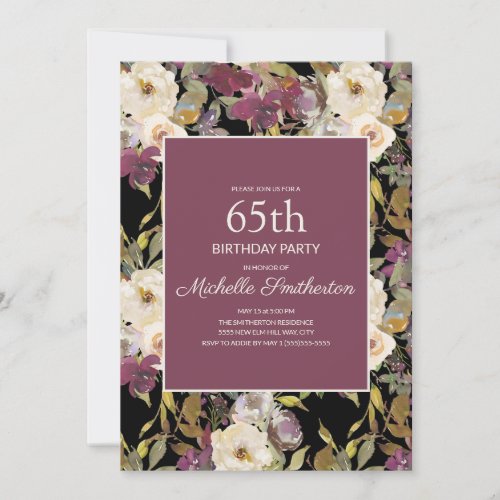 Burgundy Ivory Floral Foliage Black 65th Birthday Invitation