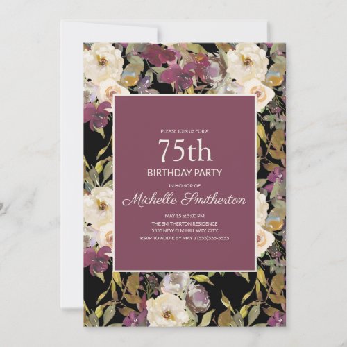 Burgundy Ivory Floral Foliage Black 75th Birthday Invitation