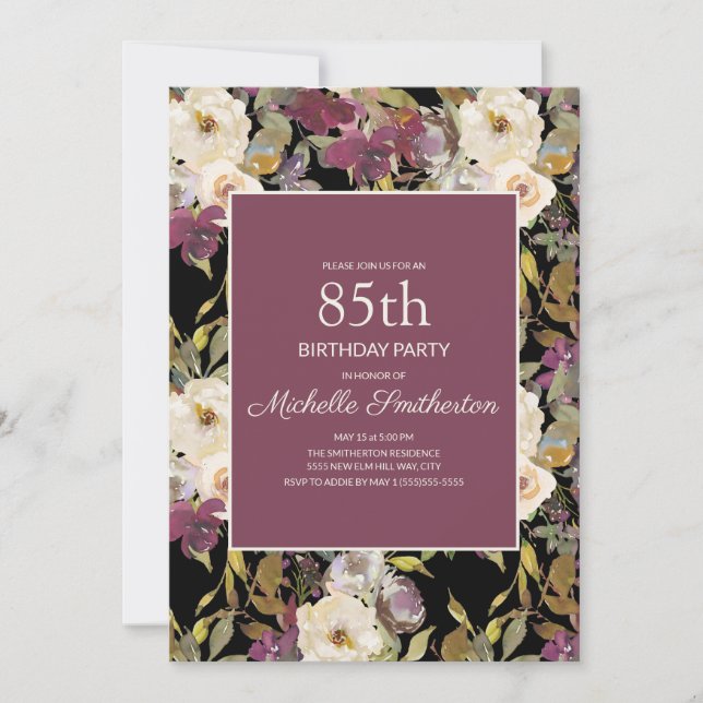 Burgundy Ivory Floral Foliage Black 85th Birthday Invitation (Front)