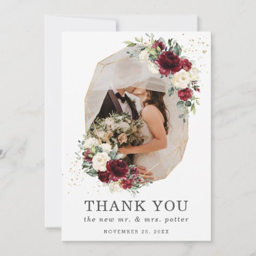 Burgundy Ivory Floral Gold Geometric Photo Wedding Thank You Card