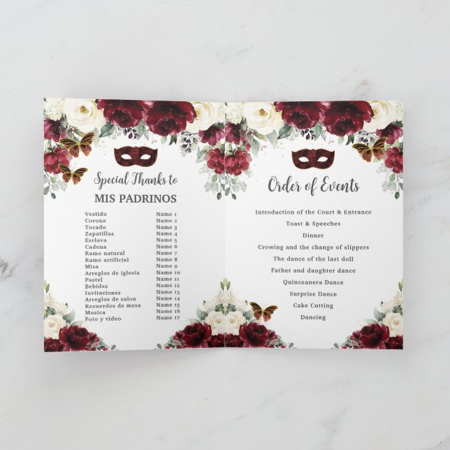 Burgundy Ivory Floral Gold Quinceañera Masquerade  Program (Inside)