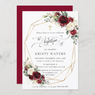 Burgundy Ivory Floral Greenery Baptism Geometric Invitation
