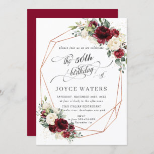Burgundy Ivory Floral Greenery Birthday Geometric  Invitation