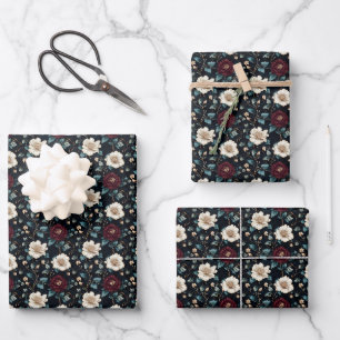 Burgundy & Ivory Floral on Black Wrapping Paper Sheets
