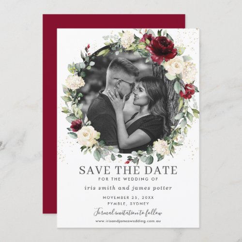 Burgundy Ivory Floral Photo Save the Date Card