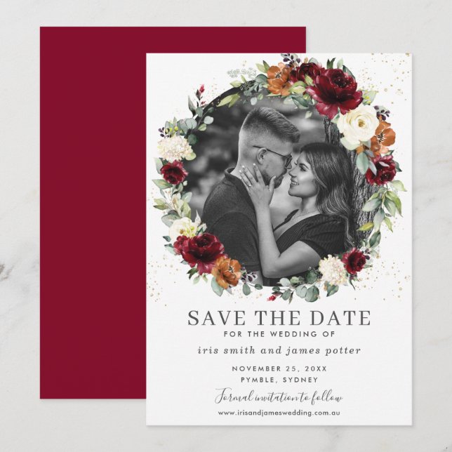 Burgundy Ivory Floral Photo Save the Date Card (Front/Back)