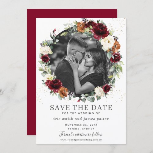 Burgundy Ivory Floral Photo Save the Date Card