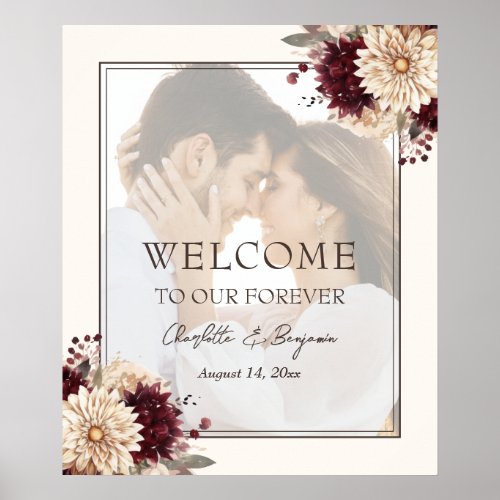 Burgundy Ivory Floral Photo Wedding Welcome Sign