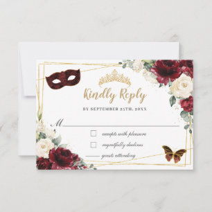 Burgundy Ivory Floral Quinceañera Butterflies Mask RSVP Card