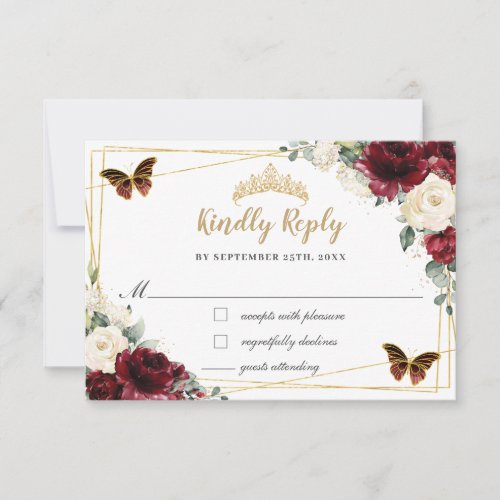 Burgundy Ivory Floral Quinceaera Butterfly Reply RSVP Card