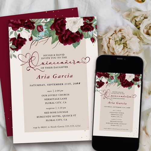 Burgundy Ivory Floral Roses Quinceanera and Mass Invitation