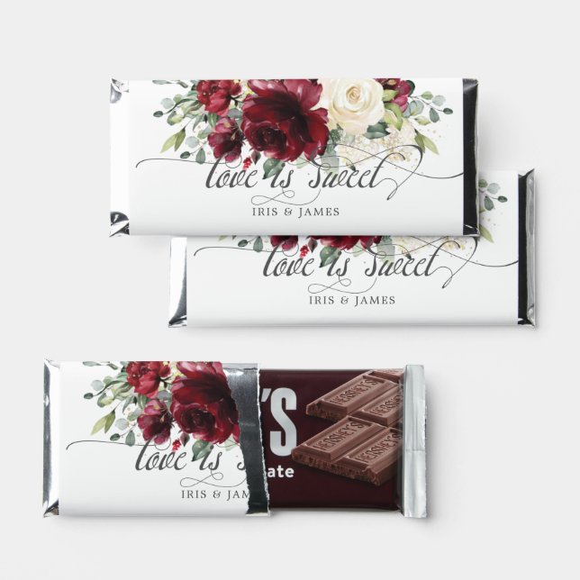Burgundy Ivory Floral Wedding Bridal Shower Sweet Hershey Bar Favors (Front)