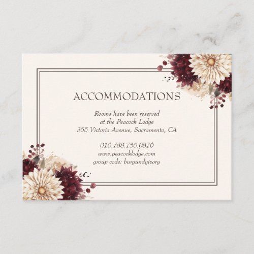Burgundy Ivory Floral Wedding Hotel Accommodation Enclosure Card