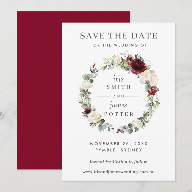 Burgundy Ivory Floral Wedding Save the Date Card (Front/Back)