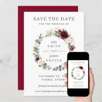 Burgundy Save the Date printable, Burgundy save the date card template, Ivory  Burundy Save the Date, Ivory Cream roses save the date template, Save the  Date with burgundy roses, Burgundy wedding stationery