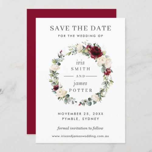 Burgundy Ivory Floral Wedding Save the Date Card