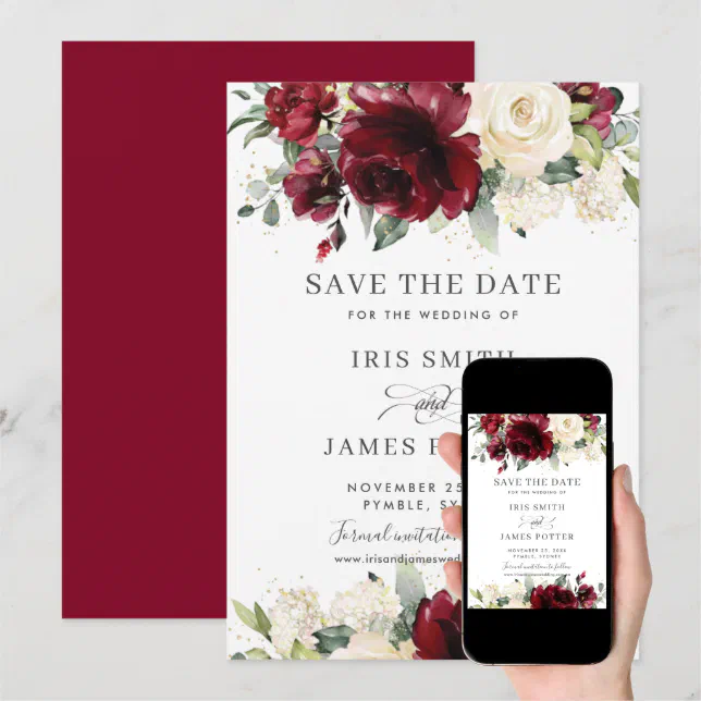 Burgundy Ivory Floral Wedding Save the Date Card | Zazzle