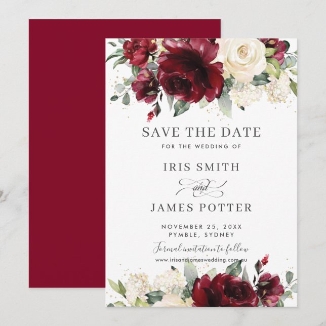 Burgundy Ivory Floral Wedding Save the Date Card (Front/Back)