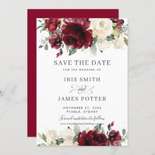 Burgundy Ivory Floral Wedding Save the Date Card