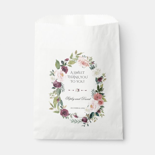 Burgundy Ivory Floral Wedding THANK YOU Favor Bag (Front)