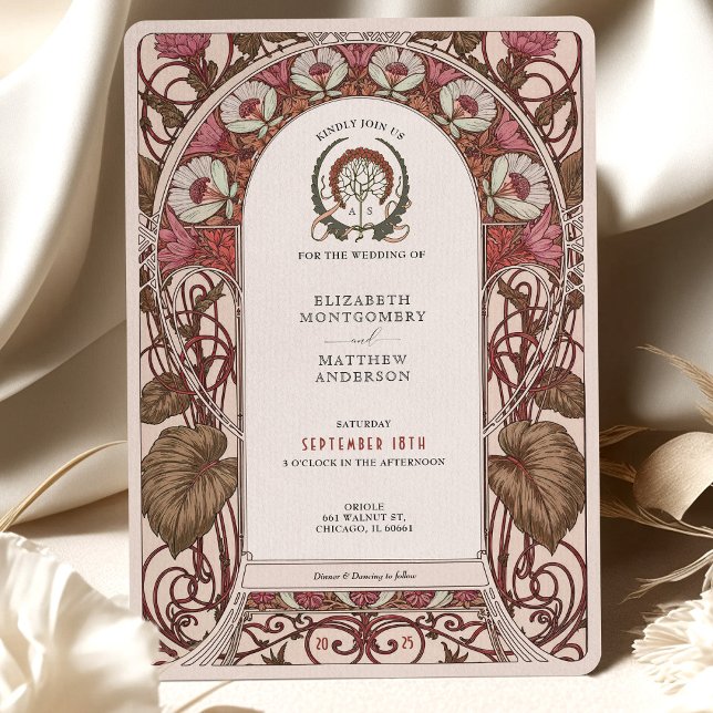 Burgundy & Ivory Florals Art Nouveau Wedding Invitation (Creator Uploaded)