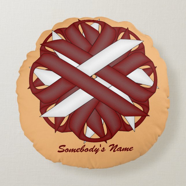 Burgundy-Ivory Flower Ribbon by Kenneth Yoncich Round Pillow (Front)