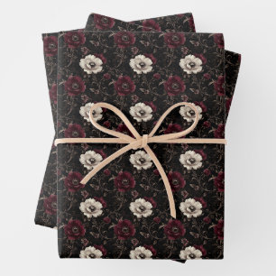 Burgundy & Ivory Flowers on Black Wrapping Paper Sheets