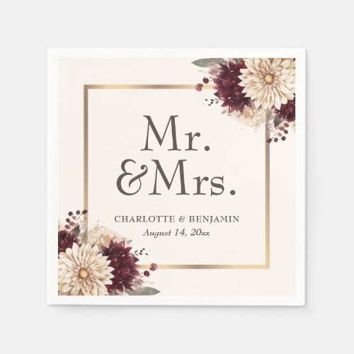 Burgundy Ivory Gold Floral Mr  Mrs Wedding  Napkins