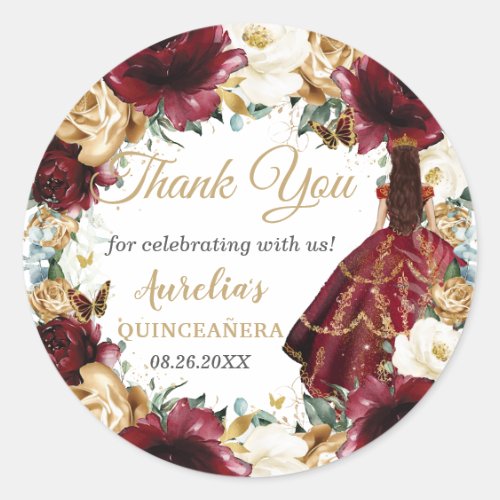 Burgundy Ivory Gold Floral Princess Quince Favor Classic Round Sticker