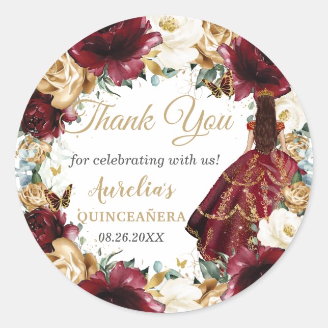 Burgundy Ivory Gold Floral Princess Quince Favor Classic Round Sticker (Front)
