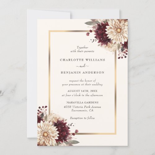 Burgundy Ivory Gold Floral Wedding Invitation