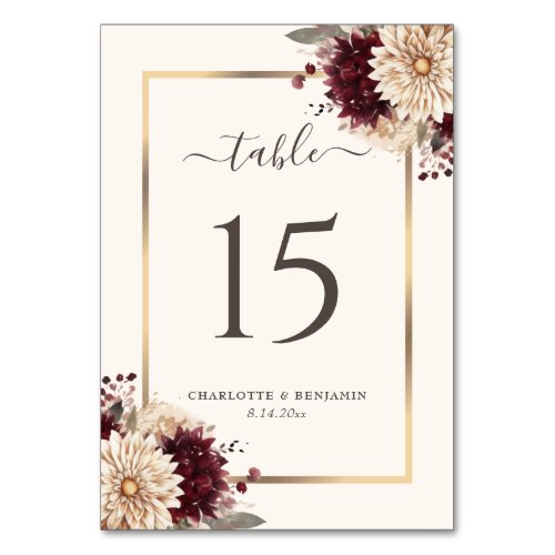 Burgundy Ivory Gold Floral Wedding Table Number