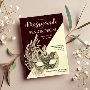 Burgundy Ivory Gold Glitter Masquerade Prom Invitation