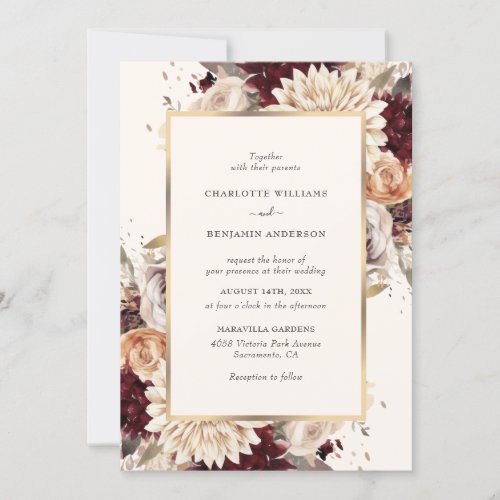 Burgundy Ivory Gold Watercolor Floral Wedding Invitation