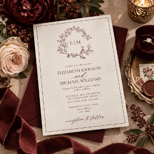 Burgundy Ivory Leafy Crest Monogram Wedding  Invitation