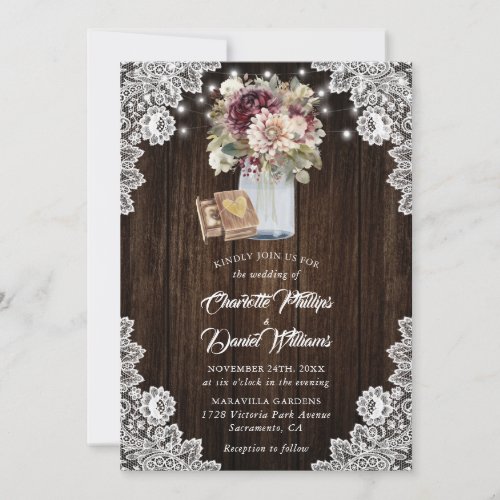 Burgundy Ivory Mason Jar Wood Floral Wedding Invitation