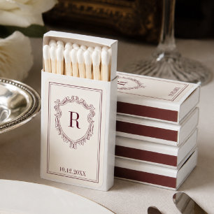 Burgundy & Ivory Monogram Crest Old Money Wedding Matchboxes