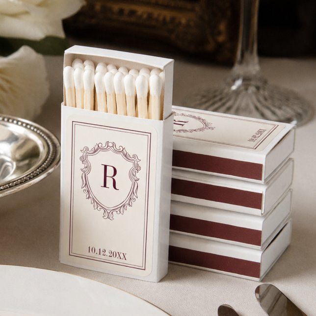 Burgundy & Ivory Monogram Crest Old Money Wedding Matchboxes (Creator Uploaded)