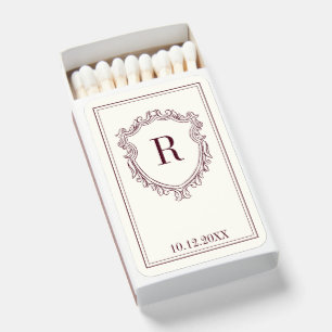 Burgundy & Ivory Monogram Crest Old Money Wedding Matchboxes