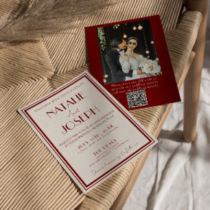 Burgundy Ivory Old Money QR Code Photo Wedding Invitation