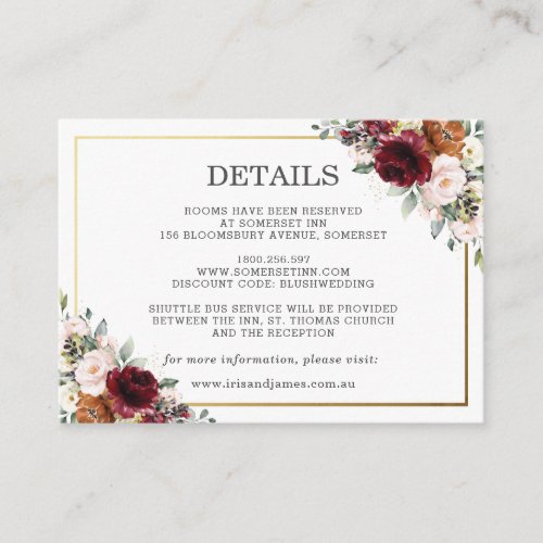 Burgundy Ivory Orange Floral Wedding Details Enclosure Card