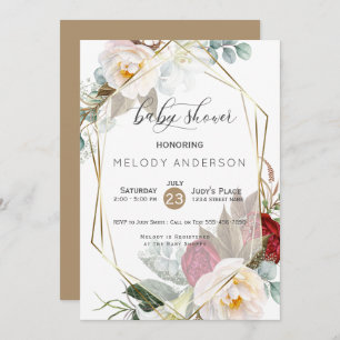 Burgundy Ivory Peonies Botanical Baby Shower Invitation