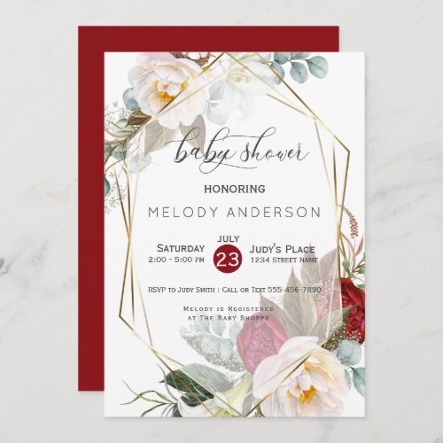 Burgundy Ivory Peonies Botanical Baby Shower Invitation