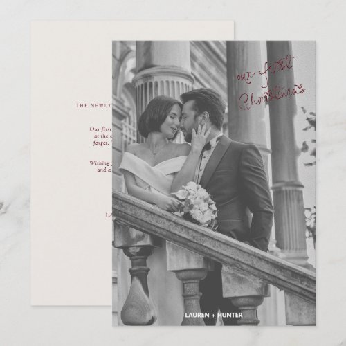 Burgundy Ivory Photo First Christmas Newlywed Holiday Card