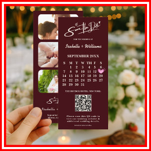 Burgundy & Ivory Photo QR Wedding Save The Date