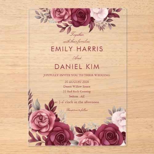 burgundy ivory QR floral Acrylic Invitation