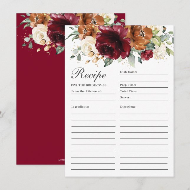 Burgundy Ivory Roses Floral Recipe For Bride Card (Front/Back)