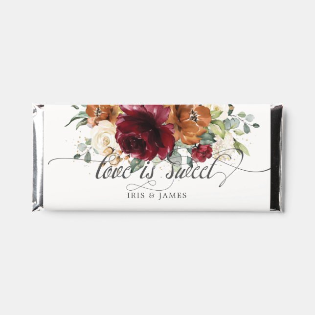 Burgundy Ivory Rust Floral Wedding Bridal Shower Hershey Bar Favors (Front)