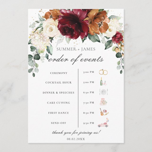 Burgundy Ivory Rust Floral Wedding Order of Event  Program (Front)